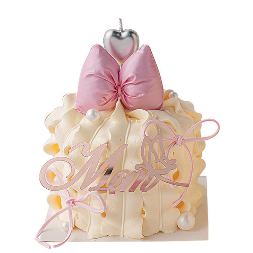 网红母亲节心形蜡烛小蛋糕装饰摆件MOM节日快乐亚克力蝴蝶结插件