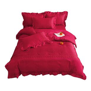 红色结婚庆全棉纯棉四件套长绒棉贡缎提花嫁娶男女新婚庆床上用品