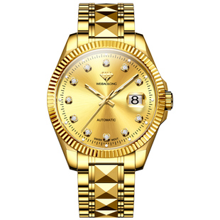 进口机芯瑞士威宝龙正品男士手表机械表高档商务纯黄金色防水男表