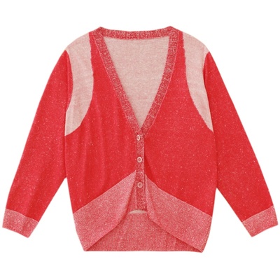 红白针织阁兰秀开衫低V领