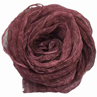 赭红亚麻围巾褶皱散边炒染工艺手绘古风长巾小众风格禅意毛边百搭