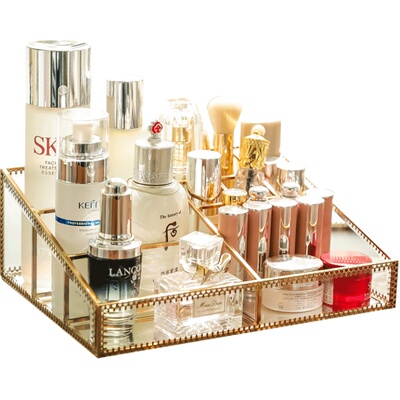 复古风护肤品桌面玻璃边色收纳盒