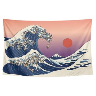 创意PUG八哥犬浮世绘海浪卧室宿舍墙布装饰背景布海报挂布挂毯画