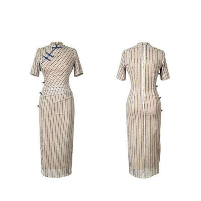 微胖小个子新中式国风条纹改良旗袍连衣裙新款气质收腰显瘦包臀裙