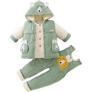 男宝宝冬装婴儿棉衣三件套装加厚0-2岁女棉袄棉服马甲背带裤冬季