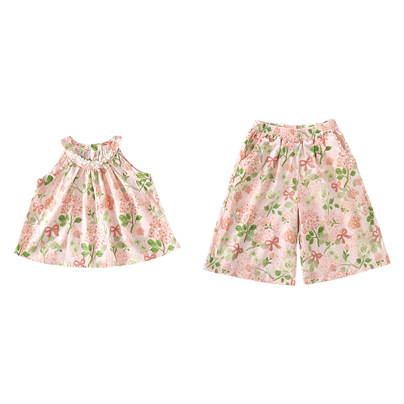 女童夏季碎花挂脖背心两件套潮品