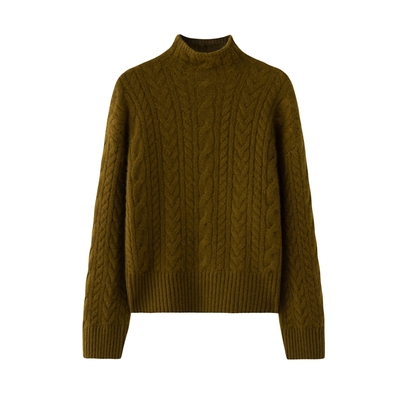 慵懒风半高领麻花女宽松山羊绒衫