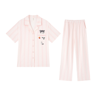 BE睡衣2026新款正流行纯棉女款夏季带胸垫春秋短袖长裤条纹家居服