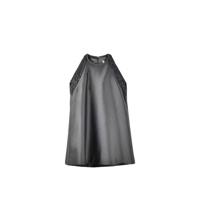 蕾丝肩黑色圆领无袖A摆裙连衣裙