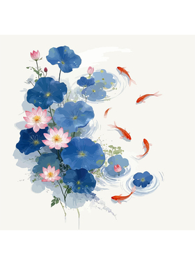 荷花锦鲤数字油画DIY填充色手绘