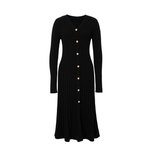 黑色优雅绵羊毛V领连衣裙MOFAN摩凡2025秋冬新款荷叶边A字百褶裙