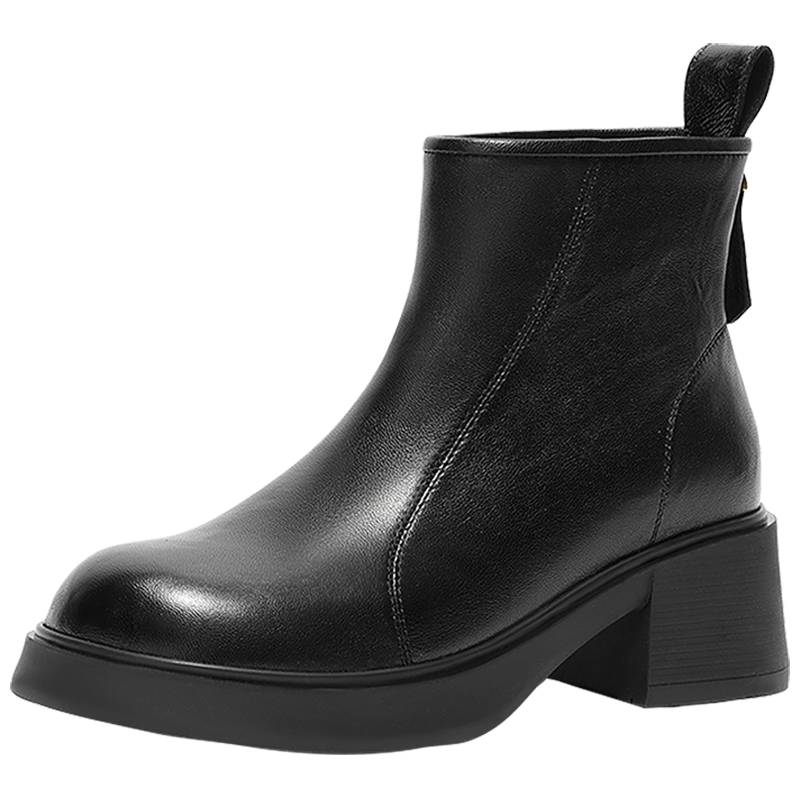 森达羊皮时装靴2025冬季爆款高级厚底粗跟流行气质短皮靴ZTI06DZ5