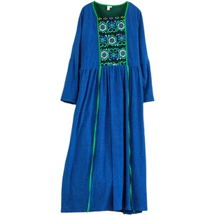 念旧原创/1018B 复古老土布绣片加绒保暖袍子女长连衣裙加厚