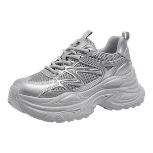 骆驼女鞋2026春季新款灰色老爹鞋女款增高鞋复古厚底休闲运动鞋