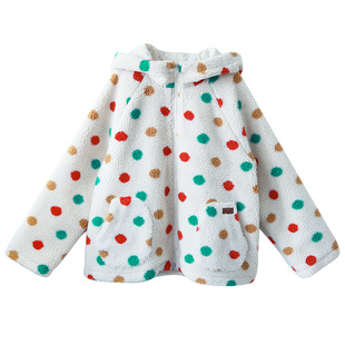 现货【雾尽风暖】仿羊羔毛多彩色波点外套女冬季连帽文艺气质外穿