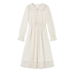 秋水伊人温柔蕾丝娃娃领连衣裙2026年春季新款气质优雅收腰中长裙