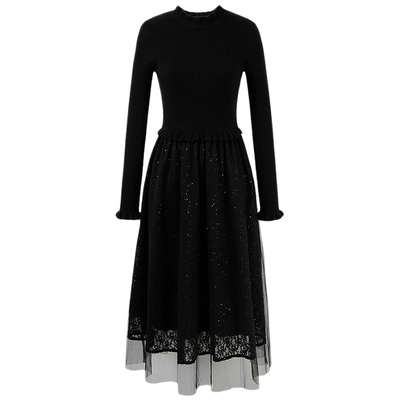 秋水伊人优雅针织拼接网纱连衣裙2025年冬季新款显瘦内搭中长裙子