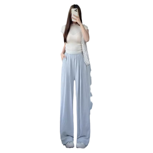 淡蓝色山本裤女2025夏季新款高腰宽松休闲垂感拖地慵懒阔腿裤子女