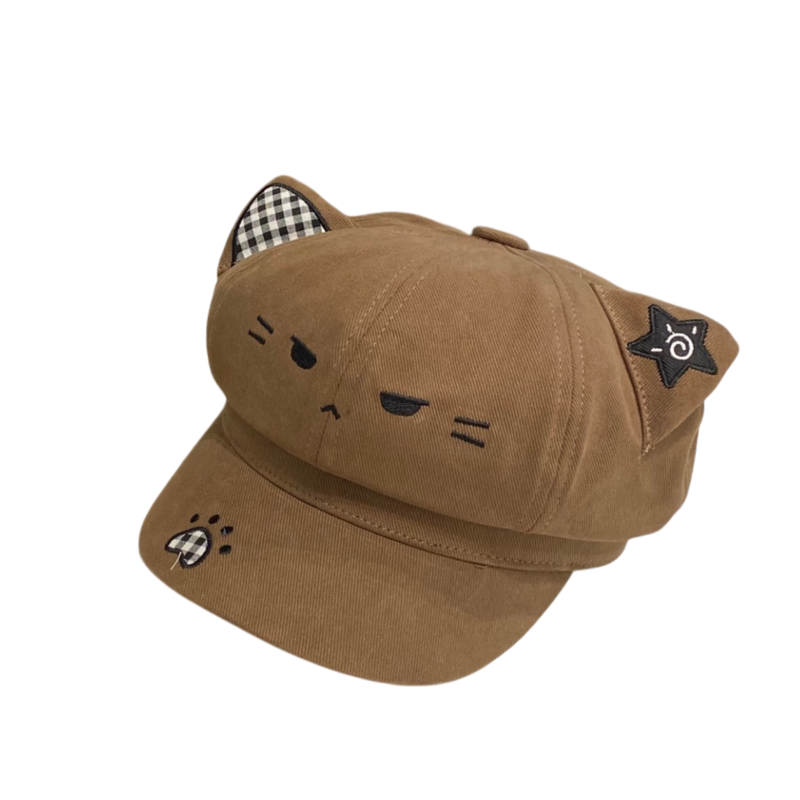 可爱卡通猫耳刺绣报童帽子女春秋