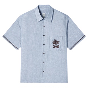 UNICAHOMME/黄子弘凡同款 男士设计感刺绣亚麻短袖衬衫