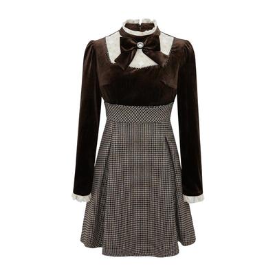 商场同款拼接千鸟格连衣裙优雅