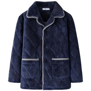 秋冬季男士睡衣单件上衣珊瑚绒夹棉袄三层加厚加绒上装保暖家居服