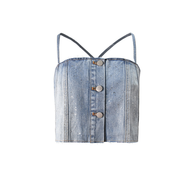 水洗蓝满天星亮闪解构吊带背心