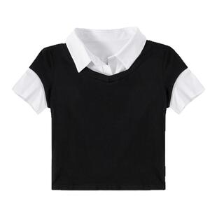 gagaopt韩版学院风POLO领拼接假两件短袖T恤女修身显瘦短款上衣夏