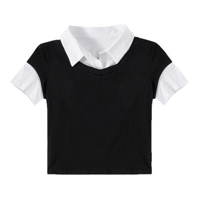 短袖韩版POLO领拼接假两件T恤女