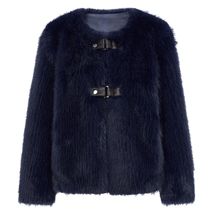 马天奴女装冬季新款宝石蓝圆领金貂绒外套短款大衣扣袢保暖轻奢
