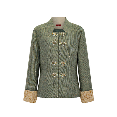 糖心旦点秋中式立领收腰钉珠外套