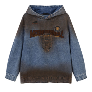 出前一町早秋款复古做旧刺绣连帽套头卫衣男女同款休闲宽松上衣