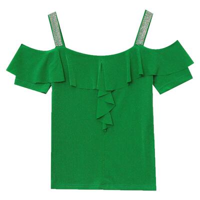 一字肩网纱短袖设计感荷叶边上衣