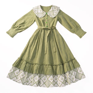 pinkwink原创格子印花设计春季绿色日常可爱甜美花边长袖连衣裙