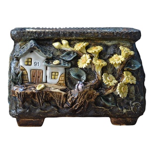 青藤花器手工粗陶多肉长方口盆群生精品白菊麦秆复古透气装饰创意