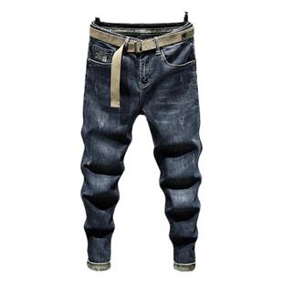 ins韩版修身简约弹力男2026春秋小脚韩牛仔长裤男直筒刺绣乱刮痕