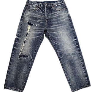 日系休闲新款九分裤春秋潮工装破坏贴布复古刀割水洗直筒牛仔裤男