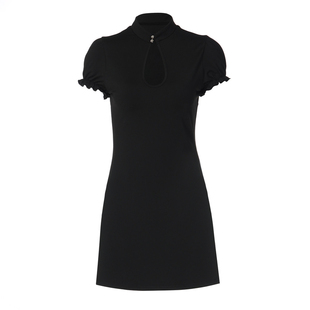 gusty新中式辣妹暗黑系收腰连衣裙性感御姐镂空领泡泡袖a字短裙子