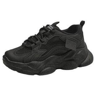 踩屎感全黑色老爹鞋女款春季厚底软底防滑运动鞋久站不累脚工作鞋