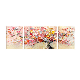 奶油风发财树客厅装饰画大芬村油画壁画沙发背景墙挂画彩绘三联画
