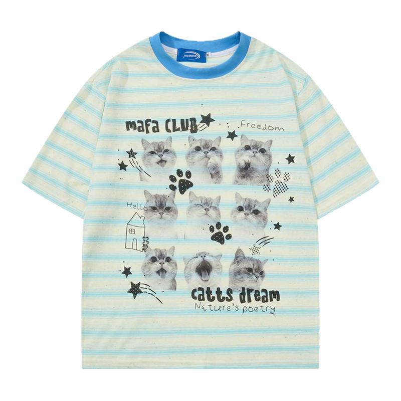 MoCreation 美式宽松短袖T恤男女夏季蓝白条纹猫咪拼色领半袖上衣