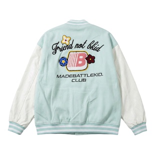 美式潮牌花朵刺绣PU皮棒球服宽松百搭休闲情侣男女夹克外套撞色