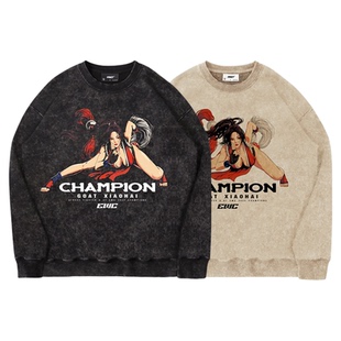 TEE7-EWC街霸不知火舞xiaohai夺冠水洗做旧美式圆领卫衣纯棉宽松