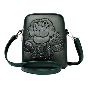 真皮手机包女包2026新款民族风花朵单肩包竖款双层斜挎零钱包牛皮