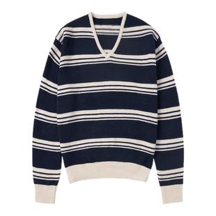 LINHOUSE复古V领藏蓝条纹毛衣秋冬通勤百搭宽松气质针织衫上衣女