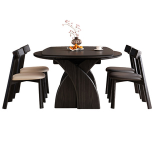 黑色复古风实木岩板伸缩餐桌可变圆桌家用小户型折叠美式中古饭桌