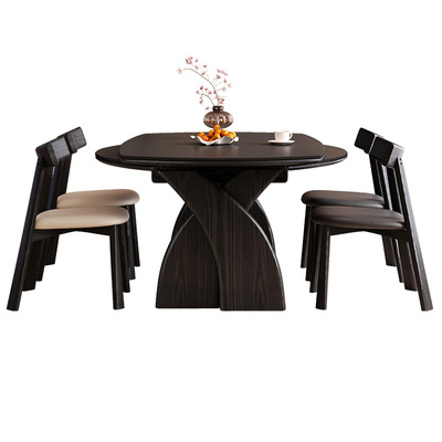 黑色复古风实木岩板伸缩餐桌中古