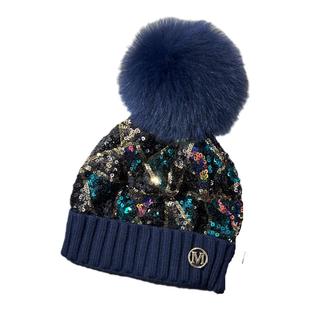 24新款七彩亮片狐狸毛球针织帽女秋冬季百搭护耳羊绒皮草毛线帽潮
