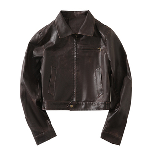 大于诗集 怀旧片尾 美式复古机车夹克女显瘦短款休闲PU皮衣外套春