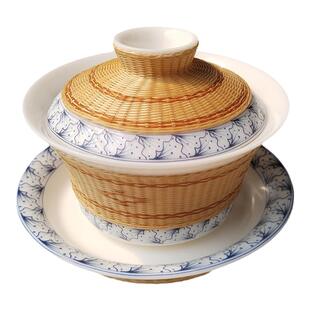 竹丝扣瓷盖碗中国特色礼品送外国人瓷胎竹编盖碗茶具四川特色非遗